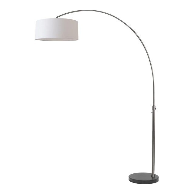1960s Nova of California Mid Century Float Floor Lamp - Modern Arc Lamp, Black Nickel, White Linen Shade, Black Marble Base For Sale