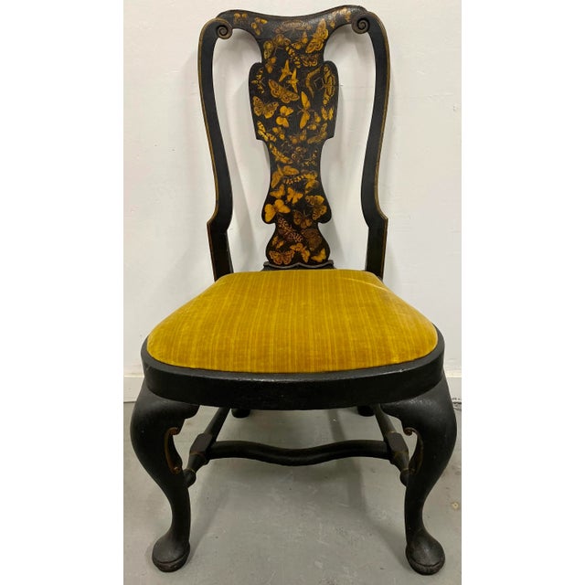 Antique Queen Anne Style 2 Piece Table and Chair Set Decoupaged With a Kaleidoscope of Fluttering Butterflies From England - Circa 1900 For Sale - Image 4 of 13