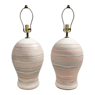 Late 20th Century Postmodern Pastel Striped Ceramic Table Lamps – A Pair For Sale