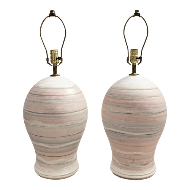 Late 20th Century Postmodern Pastel Striped Ceramic Table Lamps – A Pair For Sale