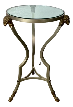 Neoclassical Gueridon Drink Table in Brushed Steel & Brass Maison Jansen Style