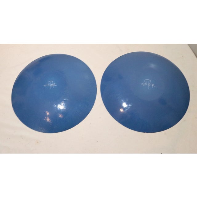Handmade Pair of Thelma Winter Blue Enameled Decorative Art Collector Plates For Sale - Image 9 of 11