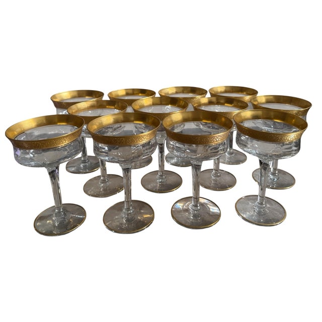 Set of 12 Art Deco Gold Encrusted Rim Crystal Wine Stem Champagne Coupes For Sale - Image 4 of 4
