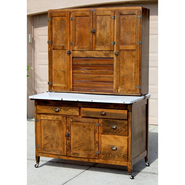 Antique Early 1900s Hoosier Cabinet Dutch Kitchenet Solid Wood Enamel Pull-Out Work Surface Coppes Brothers & Zook Original Hardware For Sale - Image 4 of 15
