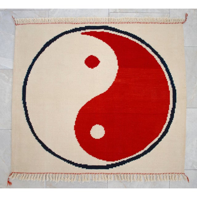 Textile Modern Turkish Kilim, Unique Yin Yang Design Rug, Zen Home Decor - 3'9" X 3'3" For Sale - Image 7 of 15