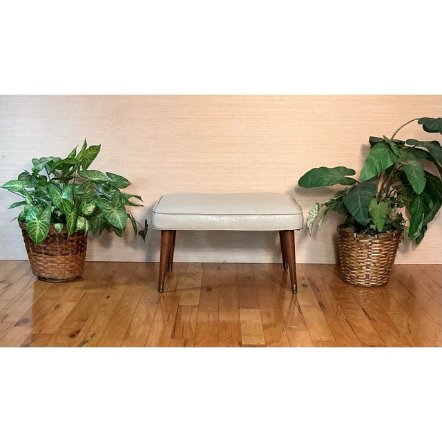 Vintage 50s Mid-Century Modern Ottoman Footstool Bench Off White Vinyl For Sale - Image 11 of 11