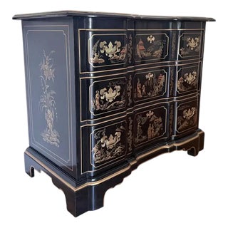 Gilt Chinoiserie Black Lacquer Serpentine Chest Dresser by Drexel Et Cetera For Sale