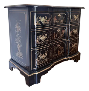 Gilt Chinoiserie Black Lacquer Serpentine Chest Dresser by Drexel Et Cetera