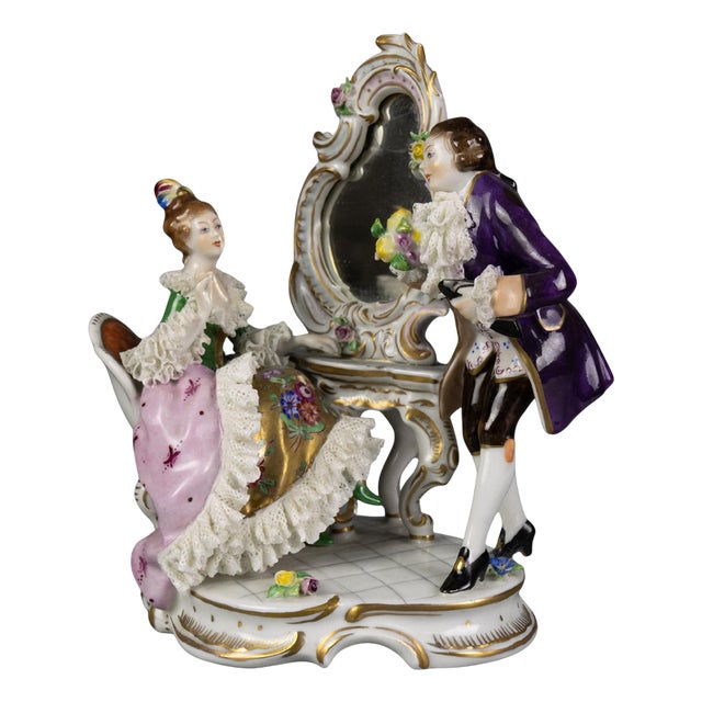 German Rococo Porcelain Figurine Couple at a Dressing Table, 1950s For Sale