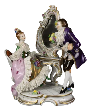 German Rococo Porcelain Figurine Couple at a Dressing Table, 1950s