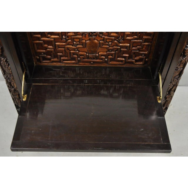 Vintage J L George Zee Style Chinese Figural Carved Teak Wood Flip Top Dry Bar Cabinet, Attributed For Sale - Image 16 of 18