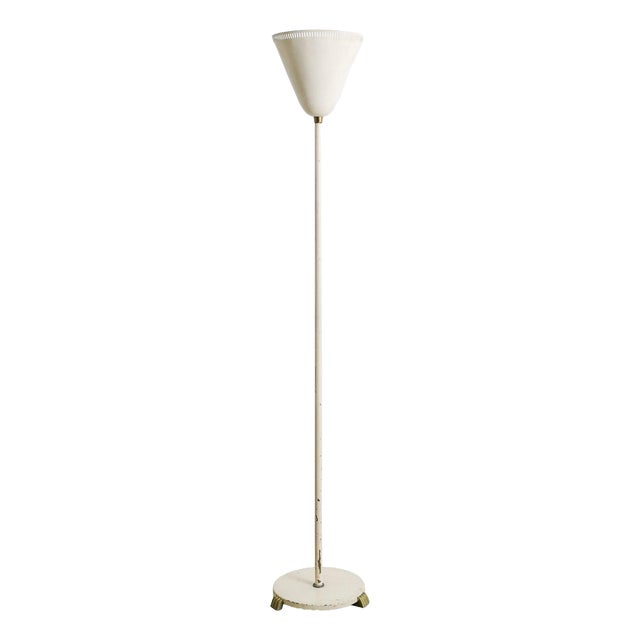Early Swedish Mid-Century Modern White Lacquered & Brass Floor Uplight Lamp, Sweden, 1940s For Sale