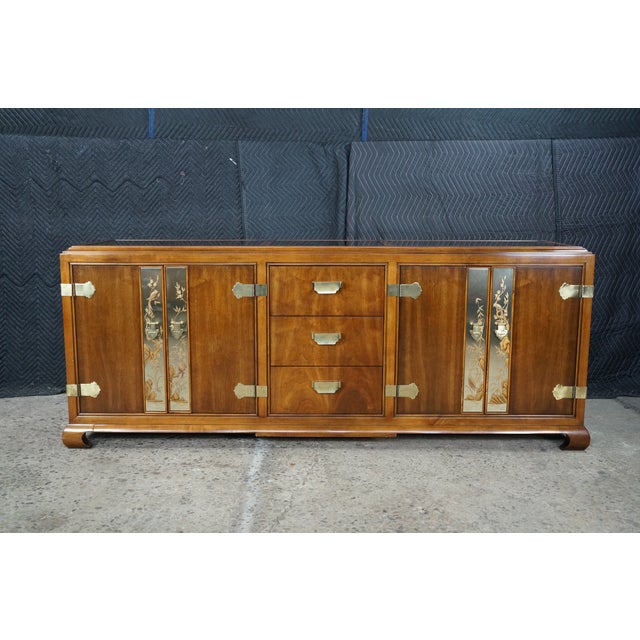 Mid-Century Fancher Chinoiserie Campaign Walnut Smoked Glass Buffet Credenza MCM For Sale - Image 6 of 18