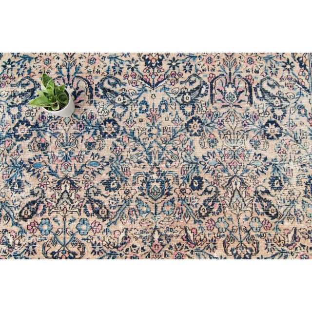 Rustic European 1910s Antique Distressed Blue Pink Blush Hand-Knotted Rug - 8’4” X 12’ For Sale - Image 3 of 10