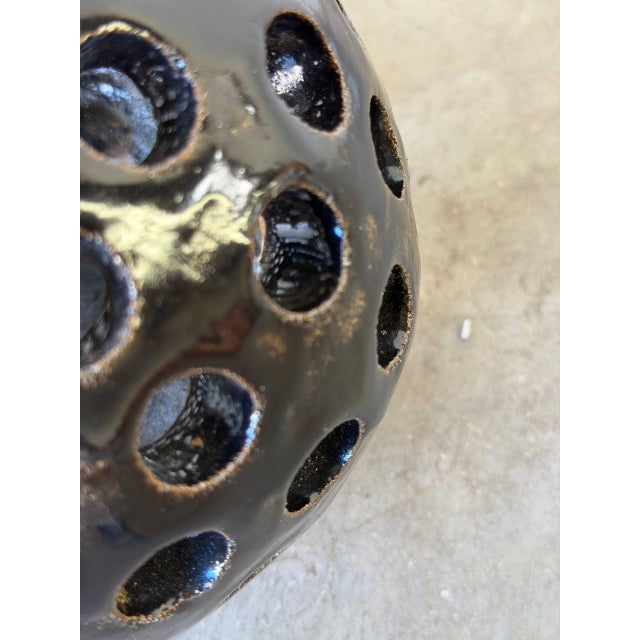 Vintage Danish Brutalist Ceramic Candle Holder – Black Pierced Sphere For Sale - Image 4 of 9