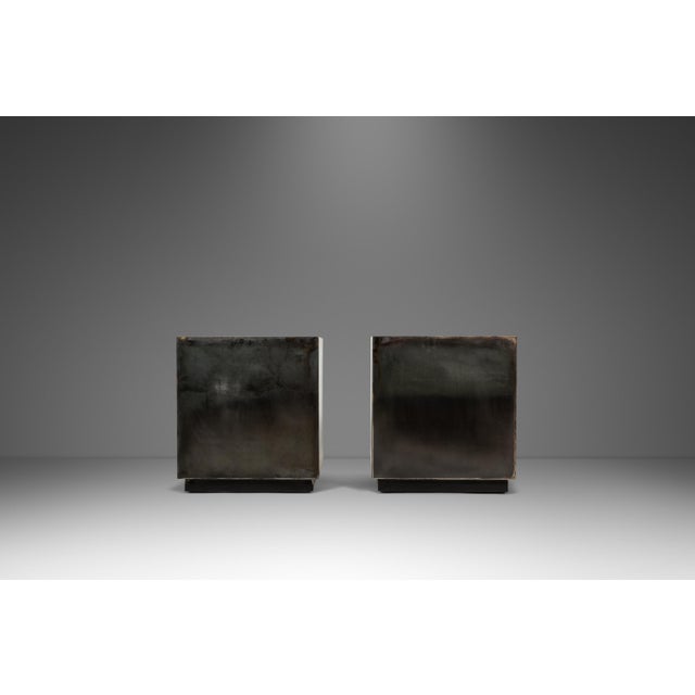 Mid-Century Modern Set of Two (2) Mid-Century Modern Industrial Brutalist Cubes / End Tables / Pedestals in Patinaed Metal, Usa, C. 1970s For Sale - Image 3 of 17