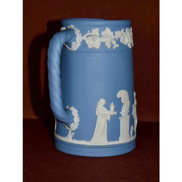 English Vintage Wedgwood England Portland Jasperware Grape Pitcher Blue & White For Sale - Image 3 of 13