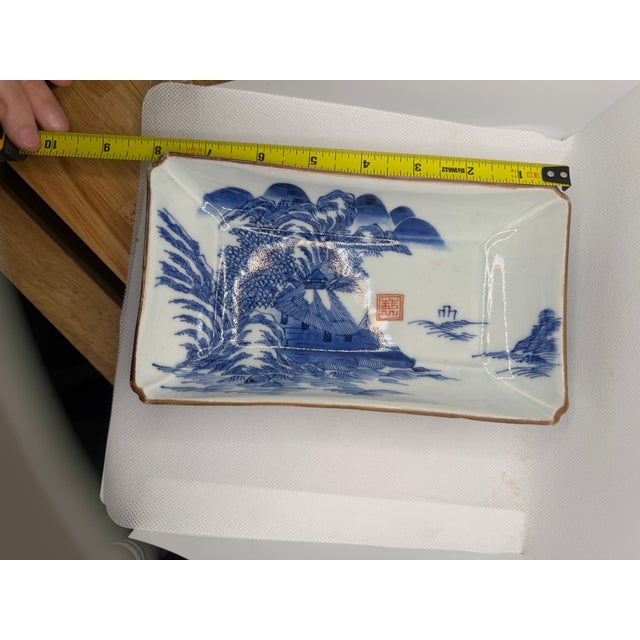 Asian Antique Tray: Rectangular Porcelain Blue White China Landscape Qianlong For Sale In Washington DC - Image 6 of 8