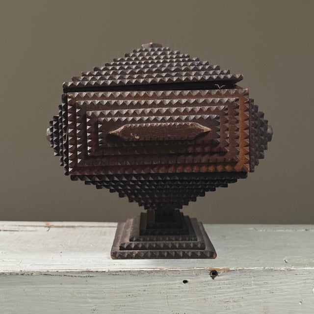 19th Century Antique Folk Art Tramp Art Box on Pedestal Base With Red Velvet Lining For Sale - Image 5 of 10