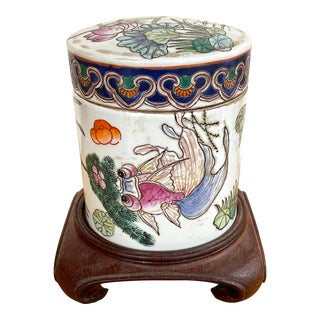 Vintage Chinoiserie Porcelain Tea Holder With Carved Teak Stand For Sale