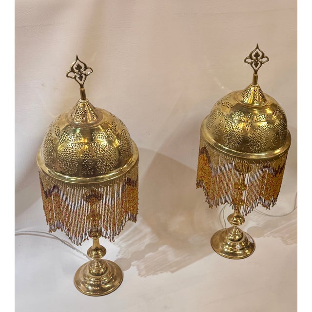 Vintage Brass Table Lamps With Glass Beads - a Pair For Sale - Image 4 of 14