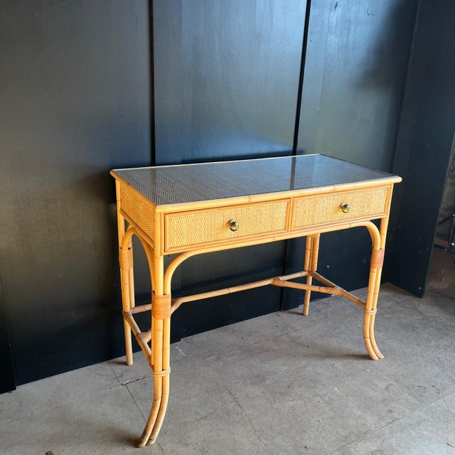 Brown Cane and Bamboo Dressing Table with 2 Drawers, 1970s For Sale - Image 8 of 10