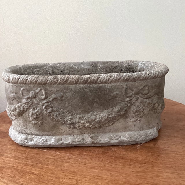 Vintage Concrete Petite Garden Oval Planter W/Sculptural Detail and Garland Swag For Sale - Image 4 of 12