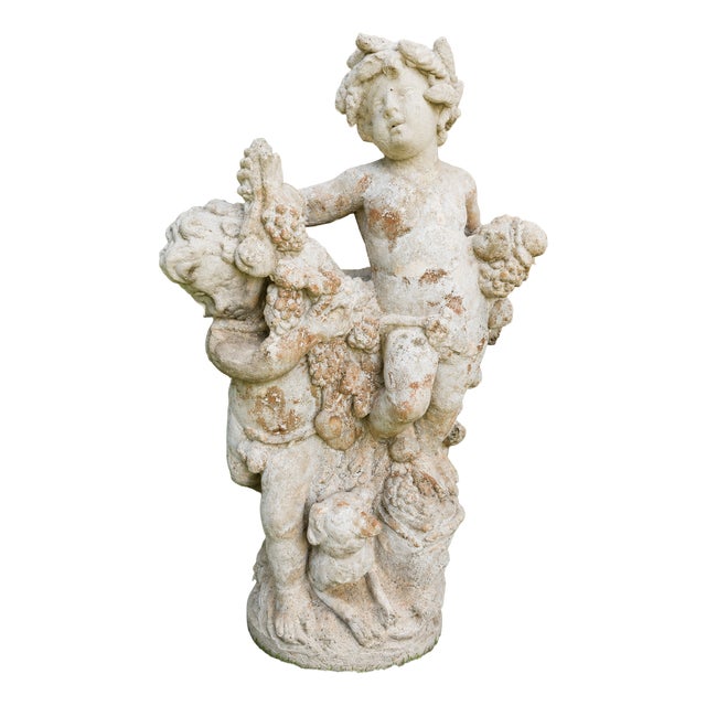 Large Garden Sculpture with Putti and Garlands in Reconstituted Stone, 1950s For Sale