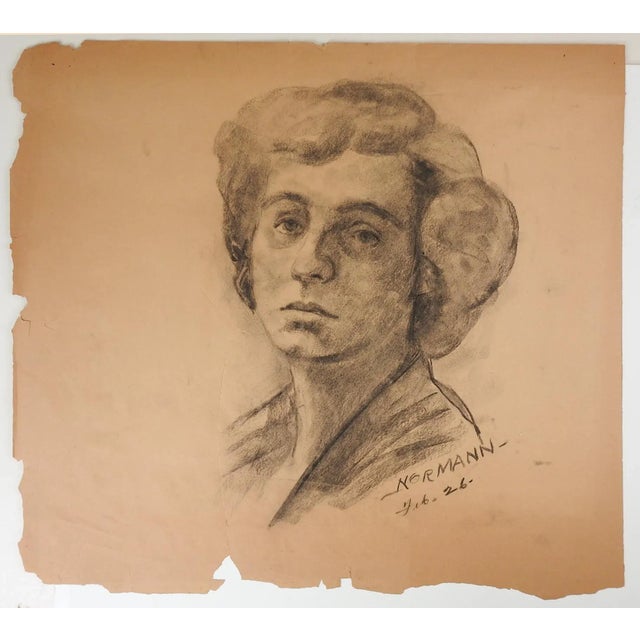 Portraiture Vintage Charles Normann Charcoal Female Portrait Drawing For Sale - Image 3 of 4