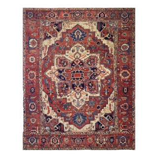 1880s Red Ivory Rustic Medallion Antique Persian Heriz Serapi Rug 11'8" X 14' Handknotted Wool Carpet For Sale