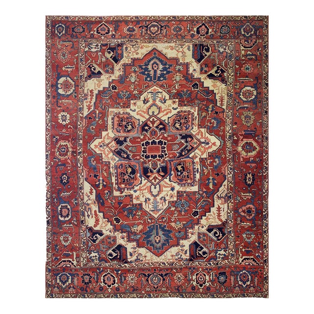 1880s Red Ivory Rustic Medallion Antique Persian Heriz Serapi Rug 11'8" X 14' Handknotted Wool Carpet For Sale