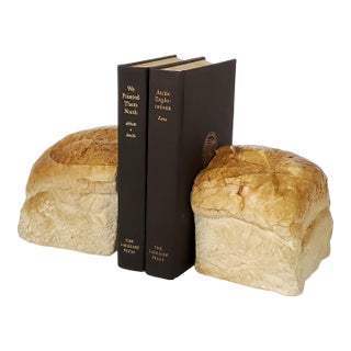 1969 Pop Art Trompe l'Oeil Ceramic Bookends Sculpture Depicting a Loaf of Bread With Vintage Books Included - Signed and Dated, Set of 4 For Sale