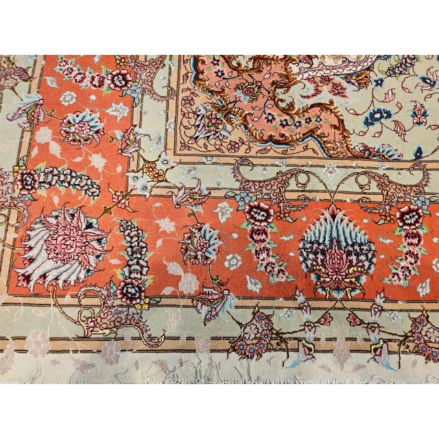 Vintage Persian Tabriz Rug, Hand-Knotted Wool & Silk, Floral Pattern, Ivory & Pink, 8x12 For Sale - Image 4 of 18