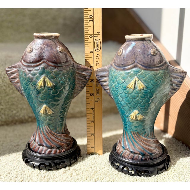 Art Nouveau Antique Chinese Sancai Glazed Koi Fish Vase Pair Tang Style 1930 Art Nouveau For Sale - Image 3 of 9