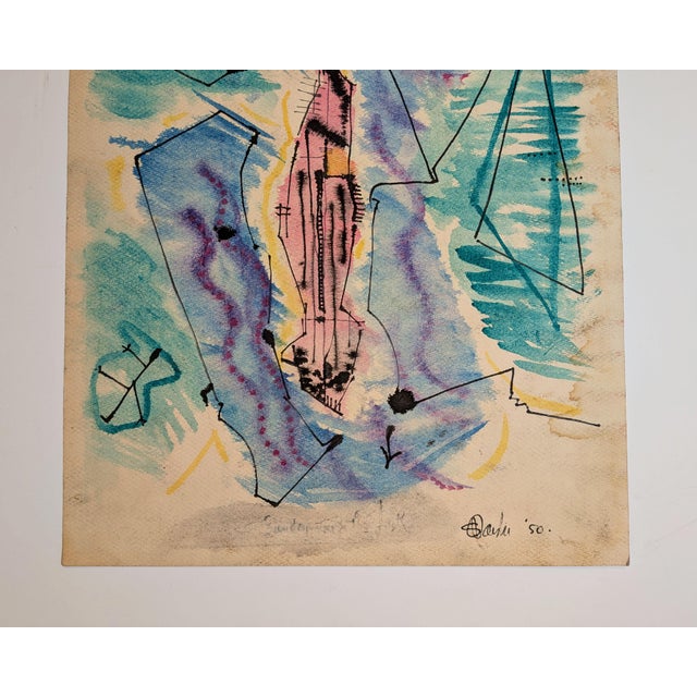 Abstract Mid-Century Surrealist Circus Watercolor Mixed-Media Work Signed & Dated 1950 For Sale - Image 3 of 5