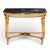 A Louis XVI style demilune console table having a recessed top of arresting polished Portoro Nero marble with caramel and...