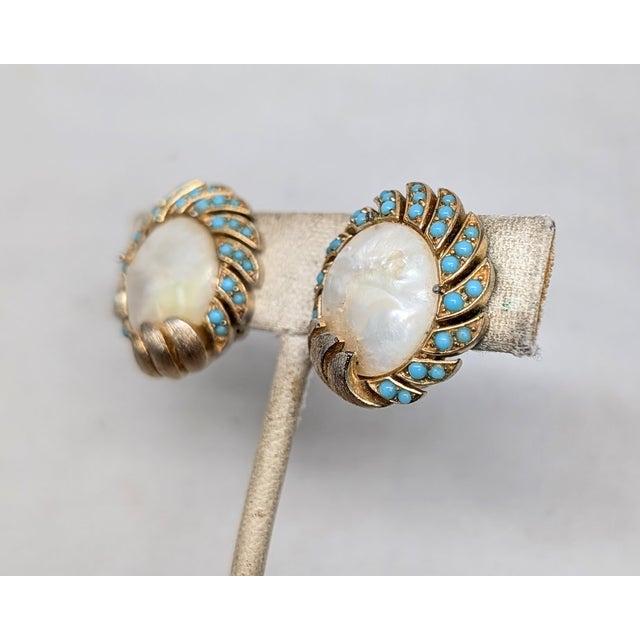 Trifari Vintage Signed Crown Trifari Goldtone Mother of Pearl & Cabochon Faux-Turquoise Clip Earrings-2 Pieces For Sale - Image 4 of 7