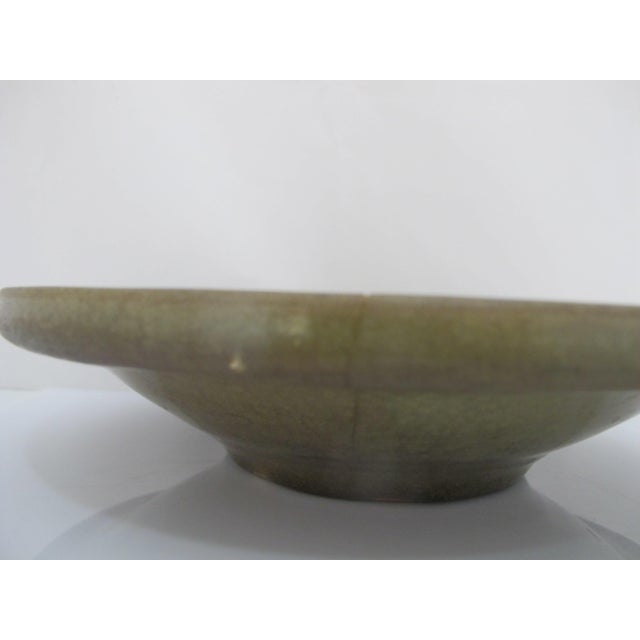 Ceramic Chinese Longquan Ming Style Celadon Olive Green Fluted Shallow Bowl Dish For Sale - Image 7 of 9