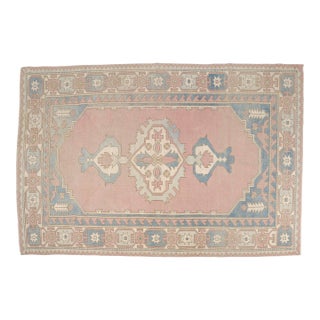 Vintage Turkish Area Rug, Hand-Knotted Wool, Soft Pink and Blue Anatolian Rug For Sale