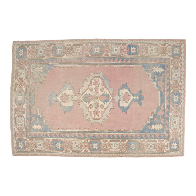 Vintage Turkish Area Rug, Hand-Knotted Wool, Soft Pink and Blue Anatolian Rug For Sale