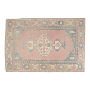 Vintage Turkish Area Rug, Hand-Knotted Wool, Soft Pink and Blue Anatolian Rug