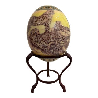 Contemporary Decoupage Ostrich Egg Depicting Cheetahs on Stand For Sale