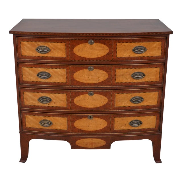 English Inlaid 4 Drawer Bow Front Mahogany Chest For Sale