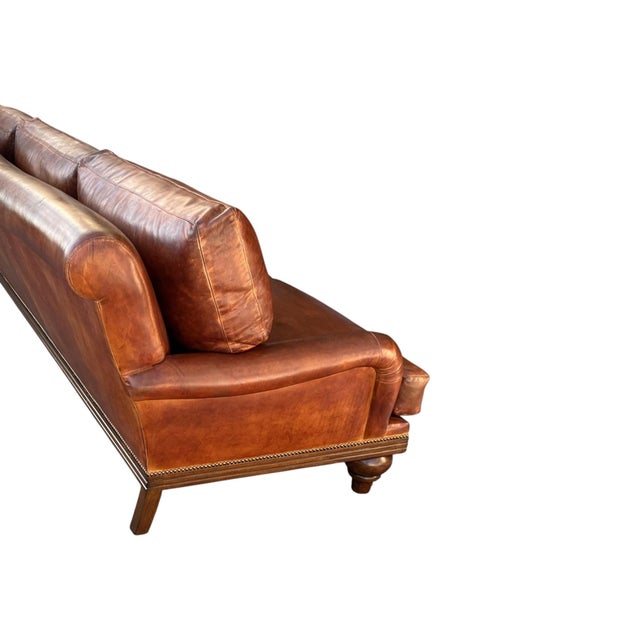 1970s English Traditional Light Brown Leather Sofa With Nail Head Trim & Carved 6-Leg Base For Sale - Image 12 of 16