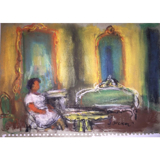 Jacques (Jakub) Zucker, Pastel Painting Woman in Interior Polish Ecole D'Paris, WPA, Bezalel Artist For Sale