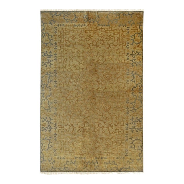 6x9 Gold Distressed Allover Hand-Knotted Wool Rug For Sale
