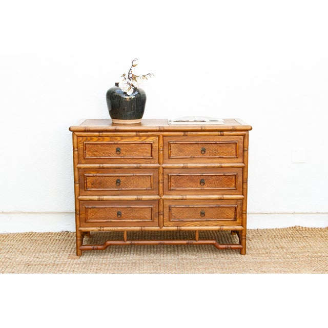 Coastal 20th Century Faux Bamboo & Cane 6-Drawer Dresser For Sale - Image 3 of 10