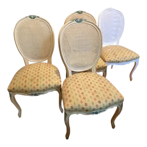 Antique Louis XVI Style Hand Carved Cane Back Dining Chairs - a Set of 4