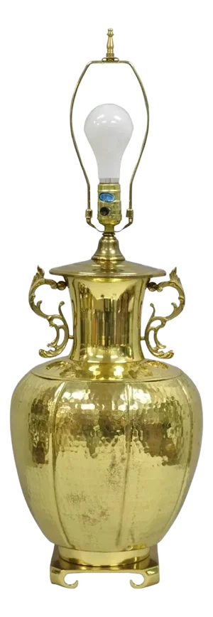 Vintage Chinoiserie Hammered Brass Pagoda Jardiniere Vase Table Lamp
