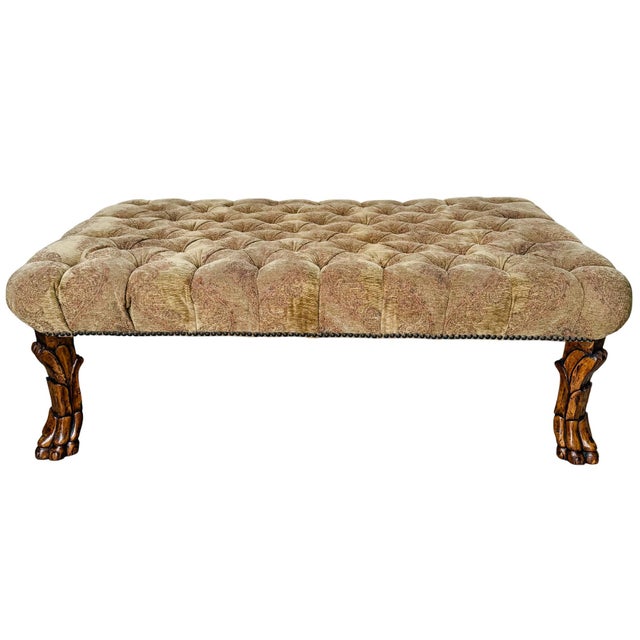 Neoclassical Vintage Large Traditional Tufted Ottoman Coffee Table With Carved Lion Paw Feet For Sale - Image 3 of 10